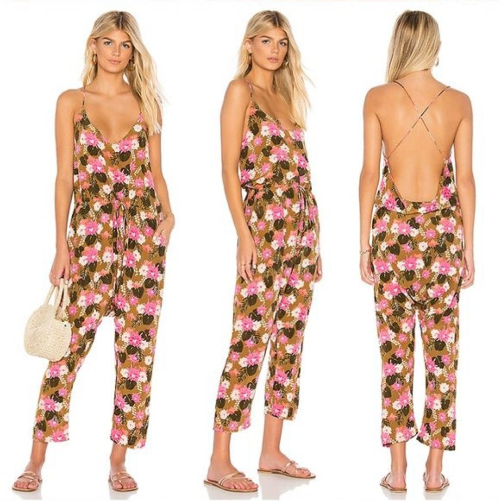 acacia swimwear Olive Floral Jumpsuit with Pink & White Flowers - Picture 5 of 5